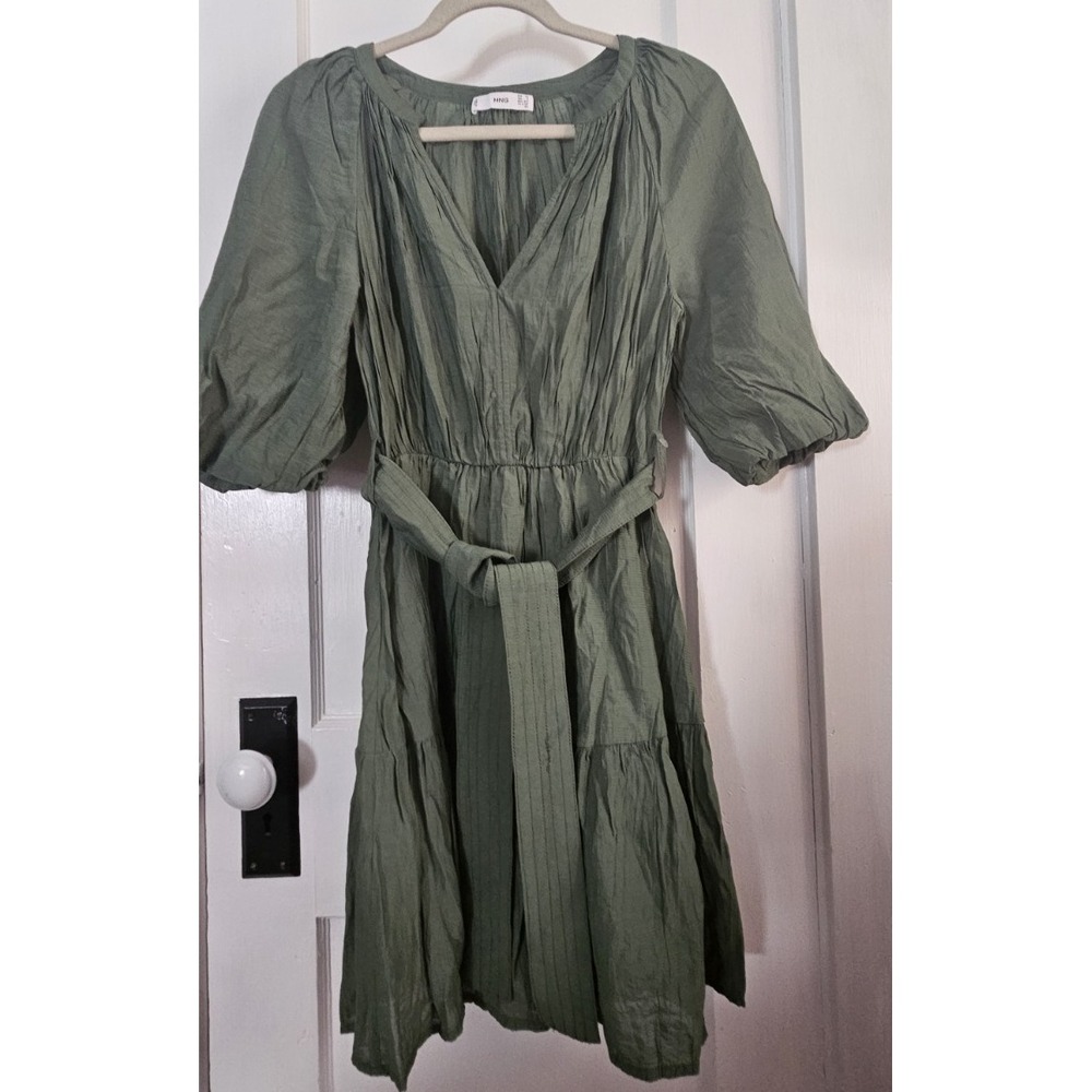 MNG by Mango textured belted puff sleeve mini dress‎ tiered lined green Sz 2